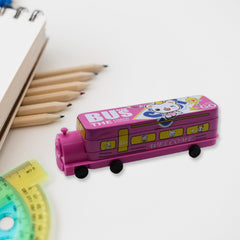 Double Decker Metal Bus Compass Case – 2-Layer with Movable Wheels & Sharpener for Kids