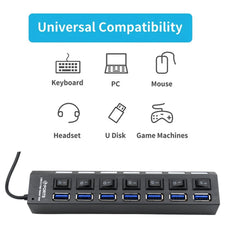 USB Splitter Multi Port USB 2.0 Hub, 7 Port with Independent On/Off Switch and LED Indicators USB A Port Data Hub, Suitable for PC Computer Keyboard Laptop Mobile HDD, Flash Drive Etc