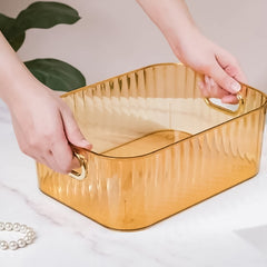 Premium Ribbed Transparent Storage Basket with Gold Handle – Multipurpose Kitchen & Home Organizer Box (25x14cm / 4 Pc)