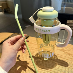 Approx 1300ML Large Capacity Cute Ice Cream Themed Water Bottle with Handle, Straw & Fruit Infuser – Leakproof Sipper for Kids & Adults