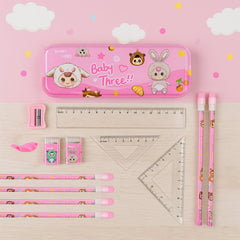 Deluxe 14-Piece Cartoon Fun Kids' Stationery & School Supply Set with Metal Pencil Box