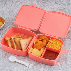 Double-Layer Square Lunch Box with Spoon , 4 Compartment Tiffin & Push Lock , Plastic Tiffin Box for Travelling, School Kids & Office Exclusive, Home