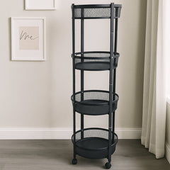 Versatile 4-Tier Round Rolling Mesh Storage Cart - Black Utility Trolley