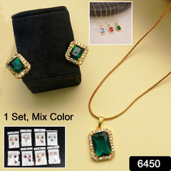 Stone Pendant Necklace Chain Set with Earrings (1 Set / Mix Color & Design)