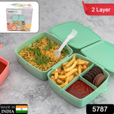 Double-Layer Square Lunch Box with Spoon , 4 Compartment Tiffin & Push Lock , Plastic Tiffin Box for Travelling, School Kids & Office Exclusive, Home