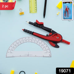 2 Pc Geometry Set – Built-in Pencil Grip + Transparent Plastic Protractor – School Geometry Tools Kit