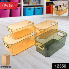 Premium Ribbed Transparent Storage Basket with Gold Handle – Multipurpose Kitchen & Home Organizer Box (25x14cm / 4 Pc)