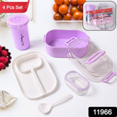 Plastic Lunch Box With Small Box, Bottle & Sponn for Kids Lunch Box (4 Pc Set)