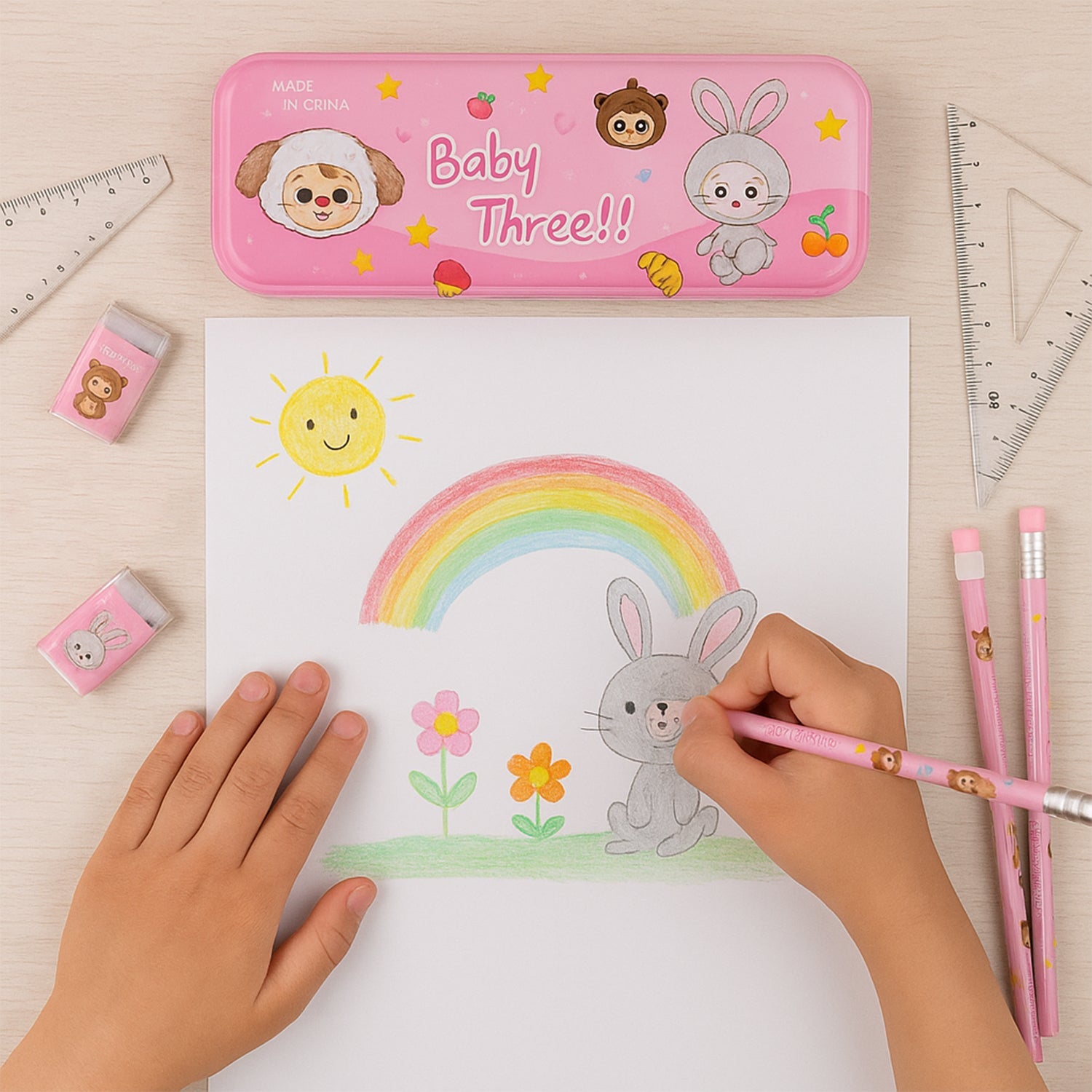 Deluxe 14-Piece Cartoon Fun Kids' Stationery & School Supply Set with Metal Pencil Box
