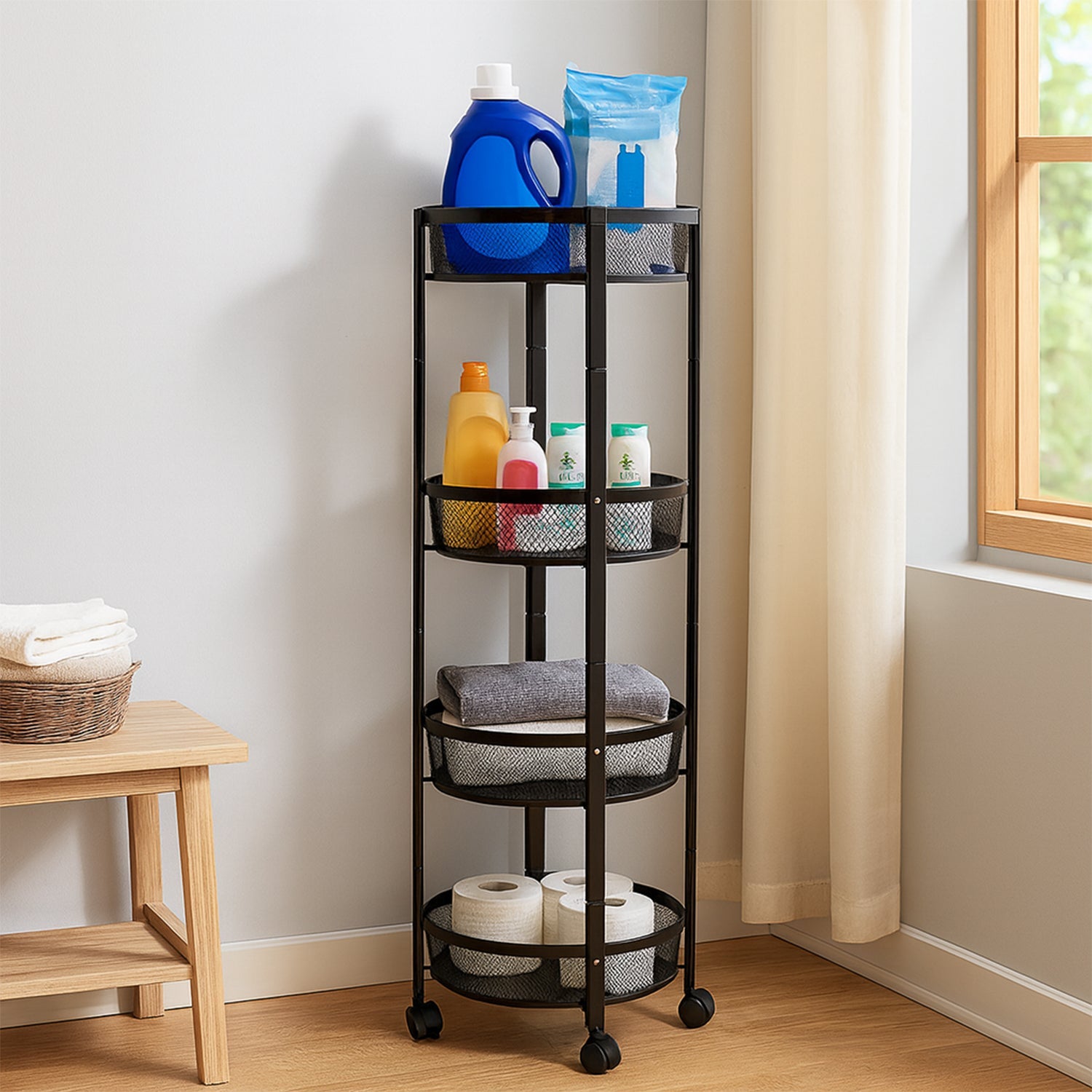 Versatile 4-Tier Round Rolling Mesh Storage Cart - Black Utility Trolley