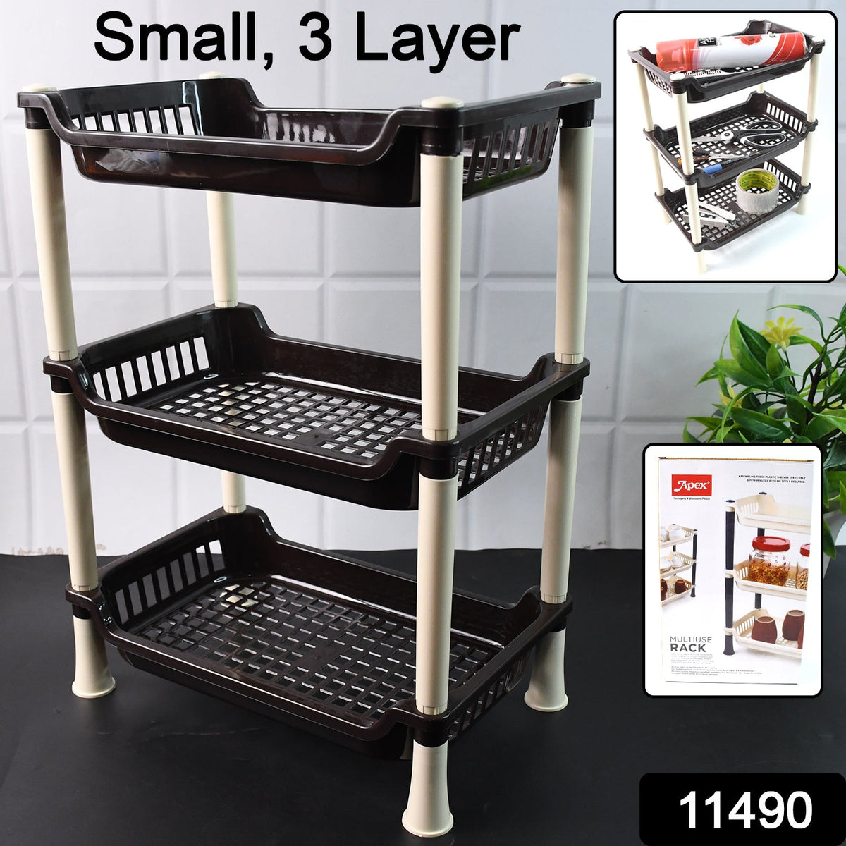Apex Small Multiuse Plastic Storage Rack Organizer 3-Tier