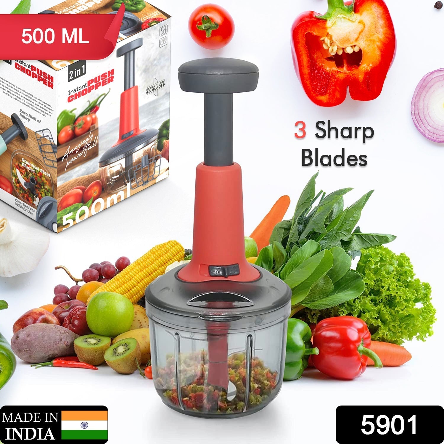Matte Finish Hand Press Chopper with 3 Blades for Easy Vegetable & Fruit Chopping
