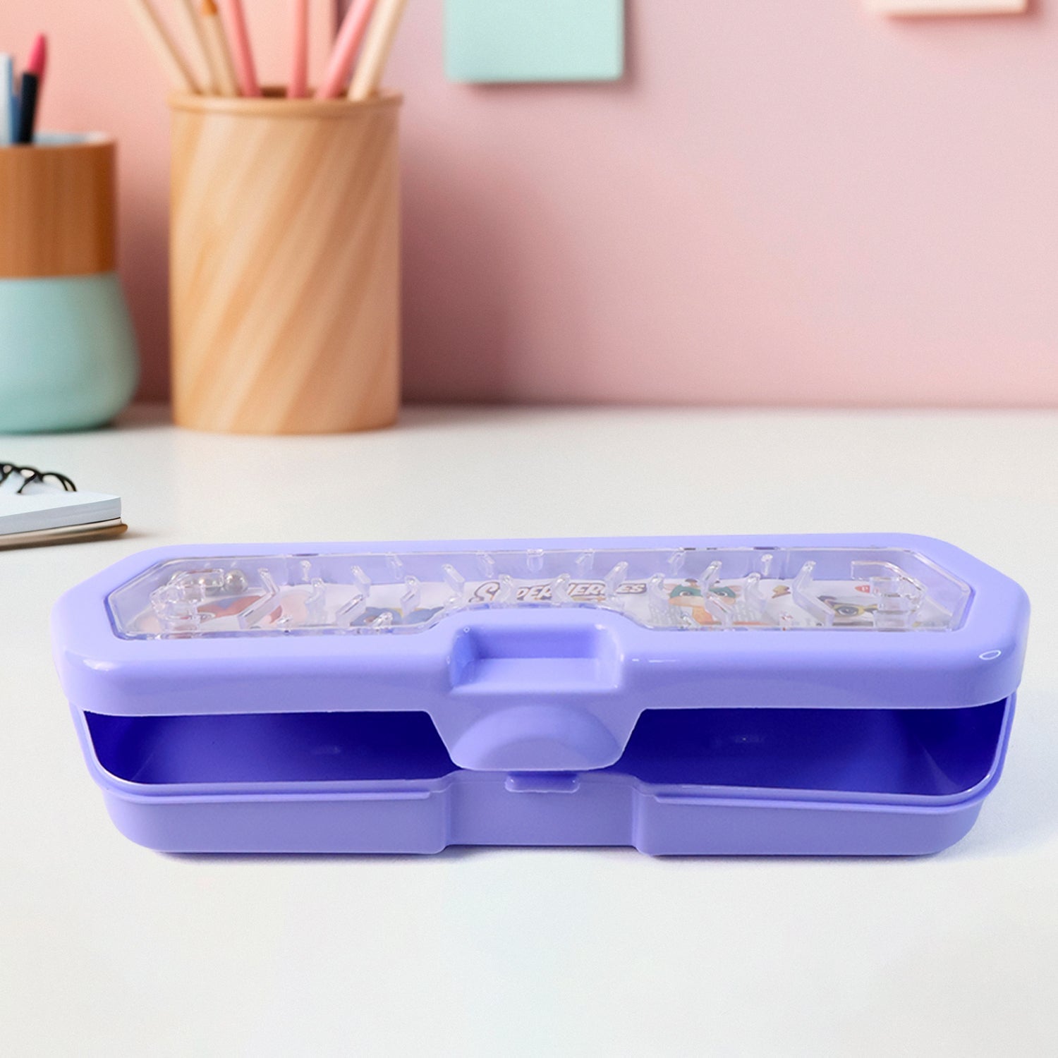 Superheroes Adventures Hard Case Pencil Box with Built-in Maze Game