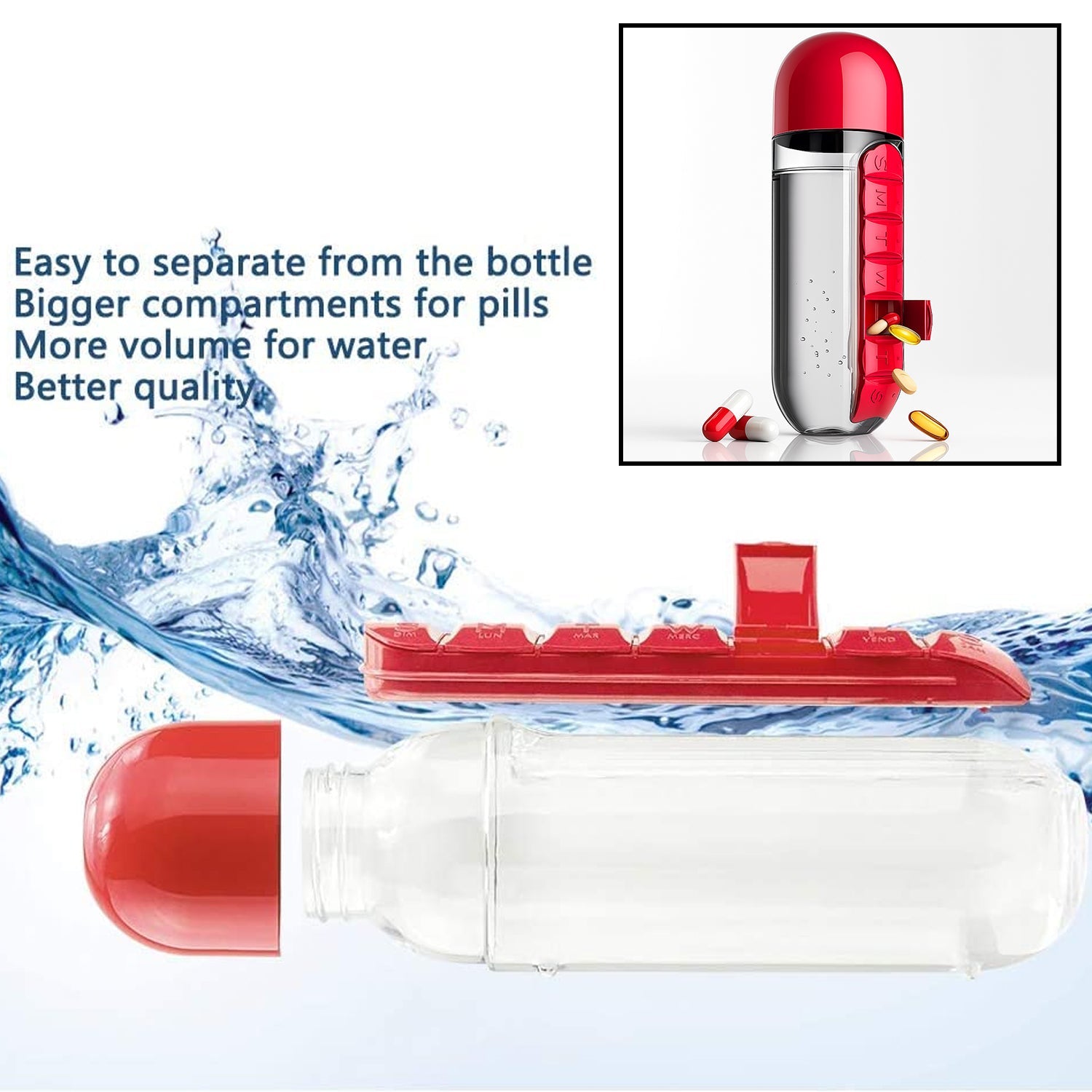 Water Bottle with Built-in 7-Day Pill Organizer Approx 900ml (1 Pc)