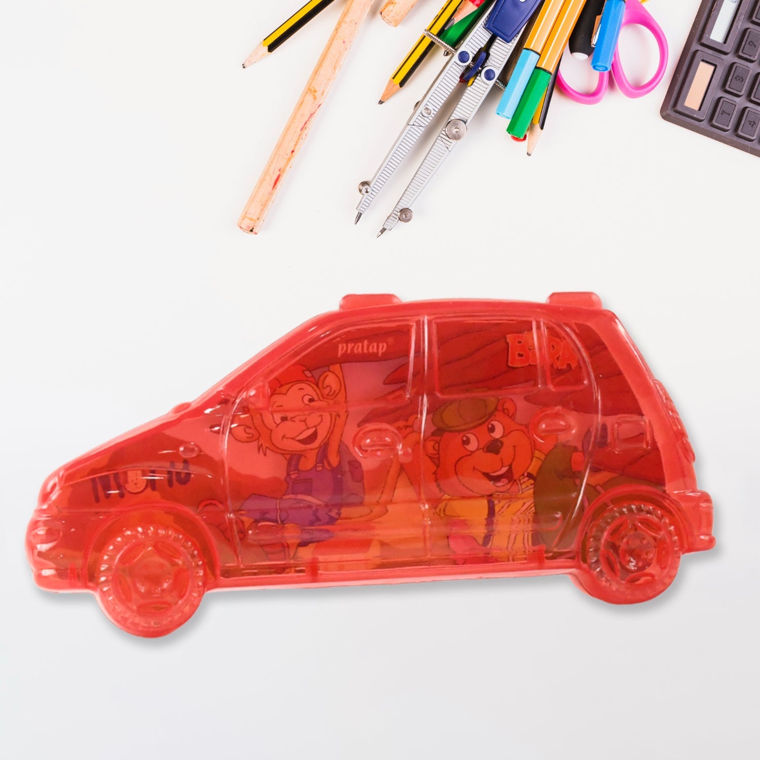 KikiKart Fun Wheels Transparent Car-Shaped School Pencil Box for Kids