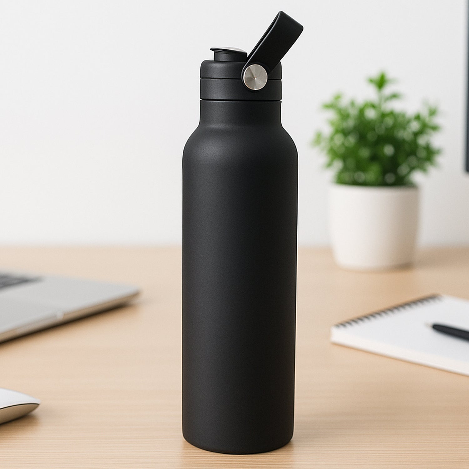 KikiKart 1000ml Matte Black Stainless Steel Water Bottle with Built-in Straw & Carry Strap
