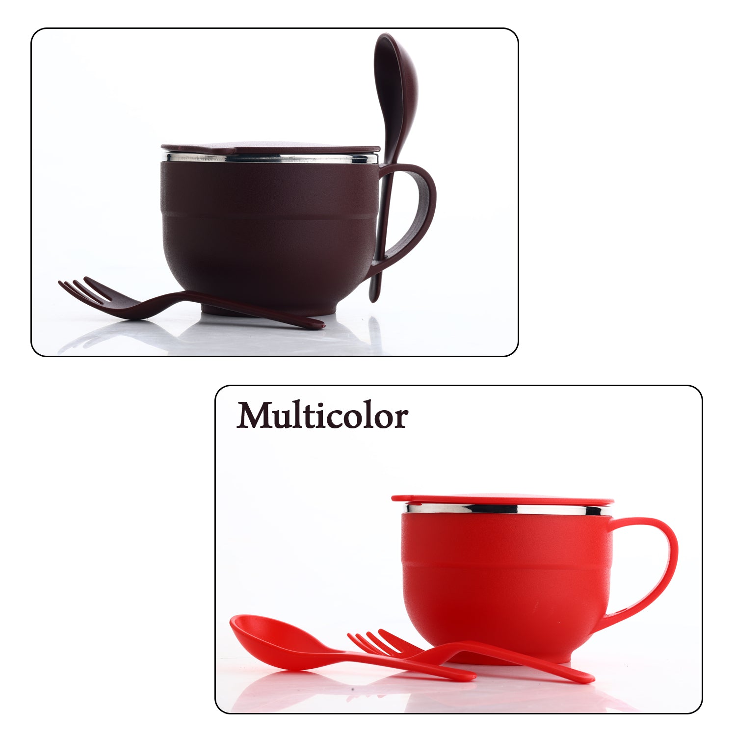 Noodles & Soup Bowl with Spoon and fork Handle Spoon Holder, Stainless Steel Bowl and Spoon Set, Stainless Steel Storage