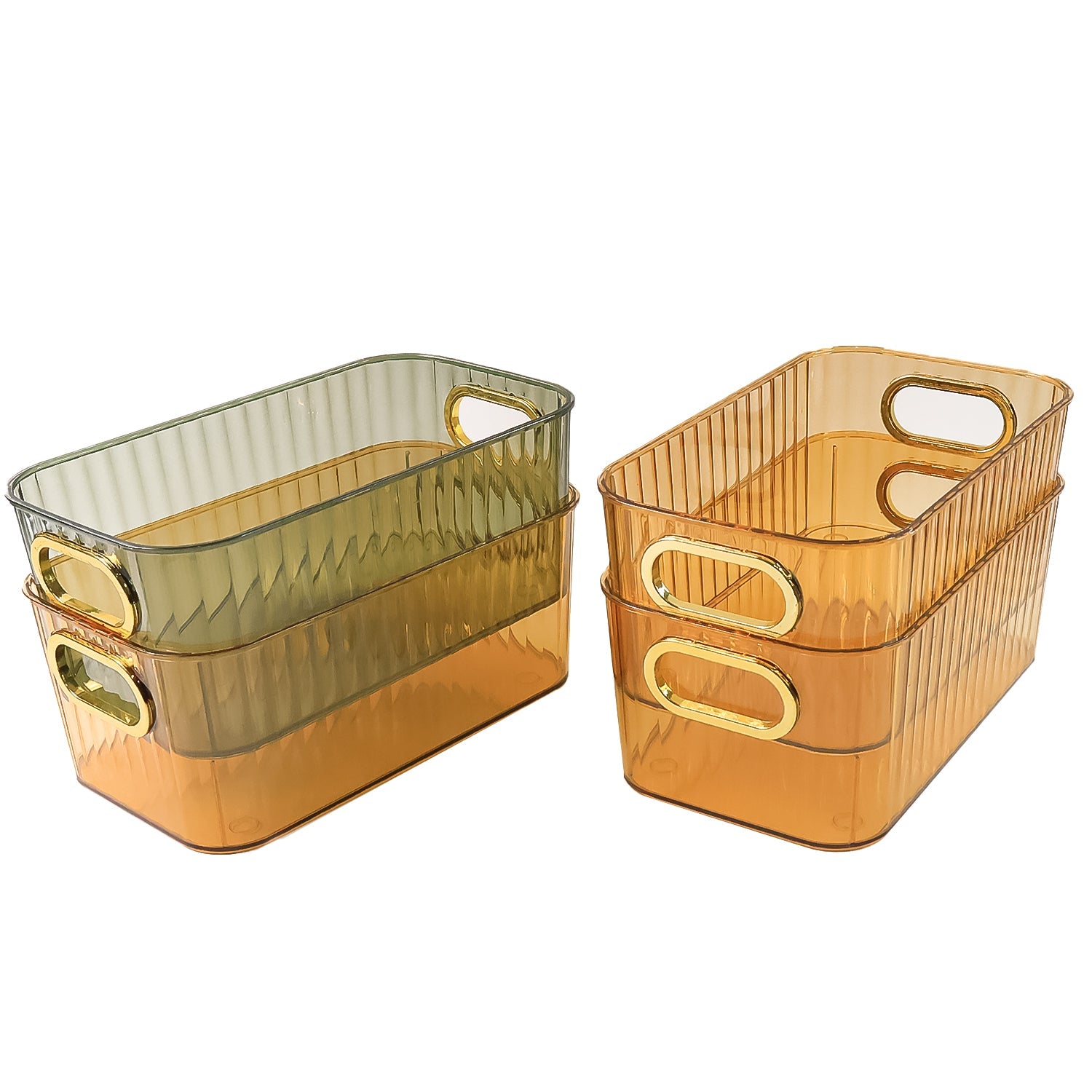 Premium Ribbed Transparent Storage Basket with Gold Handle – Multipurpose Kitchen &amp; Home Organizer Box (25x14cm / 4 Pc)