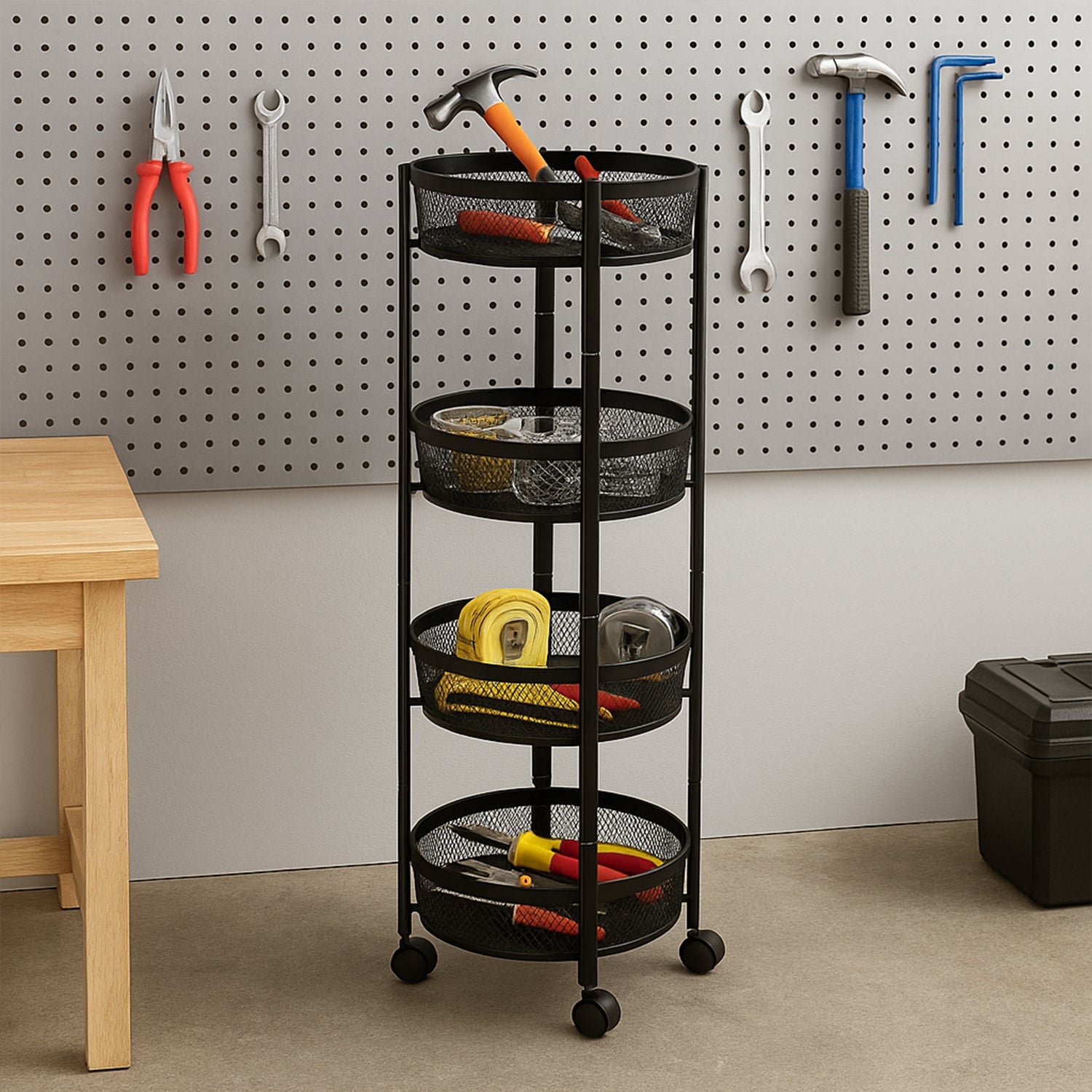 Versatile 4-Tier Round Rolling Mesh Storage Cart - Black Utility Trolley