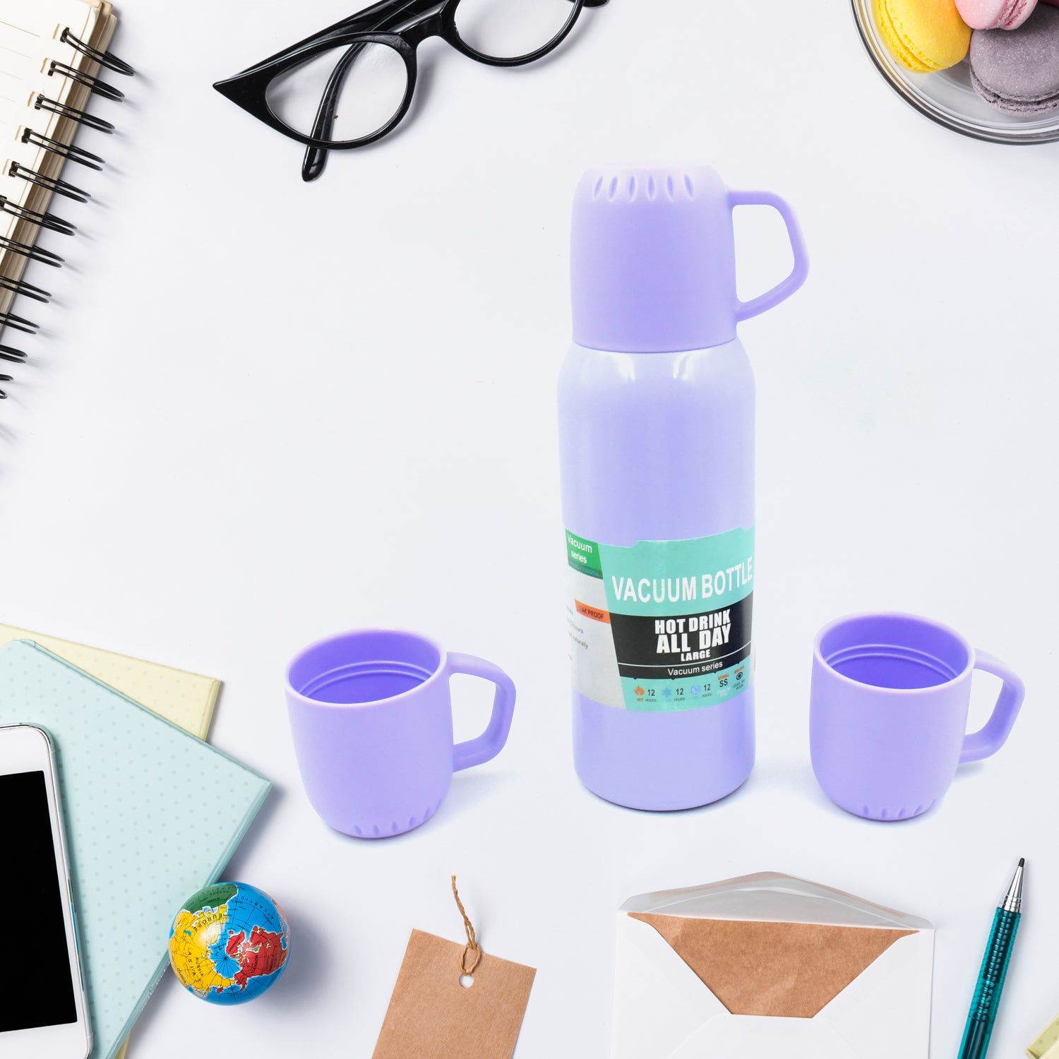 Vacuum Flask Set – Stainless Steel Thermos with 3 Cups, Approx 500ml