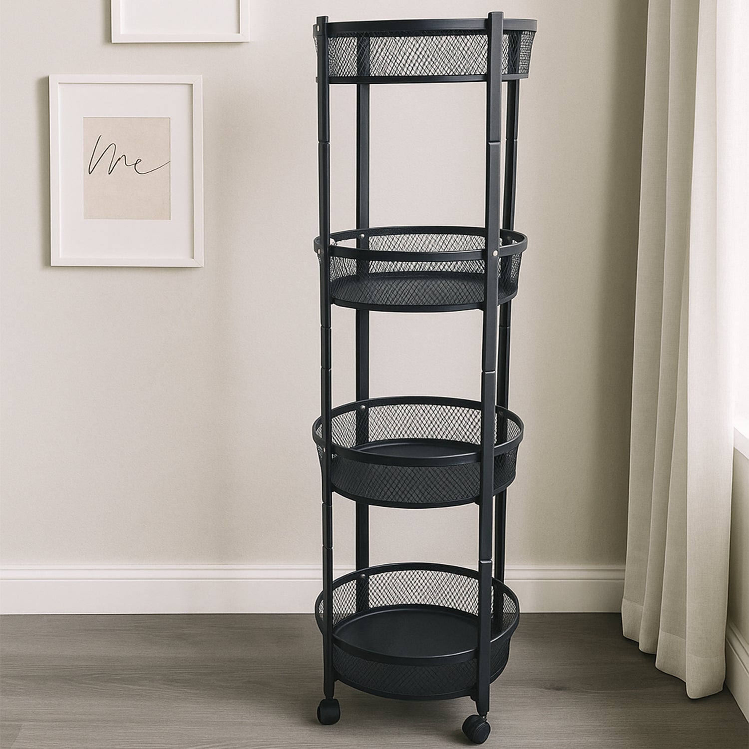 Versatile 4-Tier Round Rolling Mesh Storage Cart - Black Utility Trolley