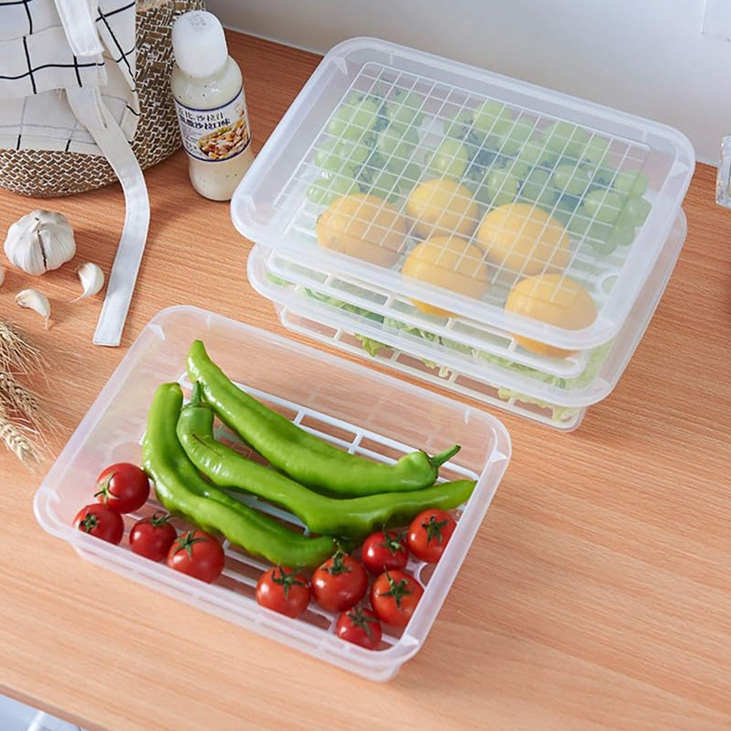 FreshKeep™ 3-Piece Stackable Fridge Storage Set with Smart Drain Trays & Airtight Lids