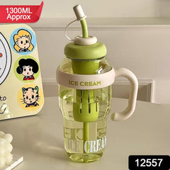 Approx 1300ML Large Capacity Cute Ice Cream Themed Water Bottle with Handle, Straw & Fruit Infuser – Leakproof Sipper for Kids & Adults