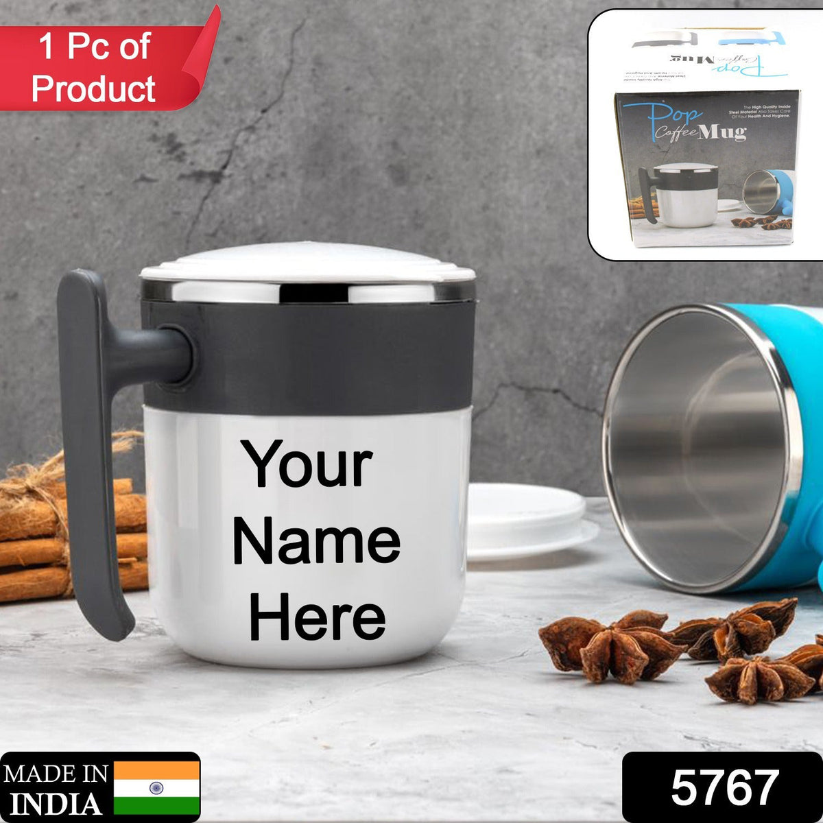 Customize Stainless Steel Insulated Coffee/Tea Mug with Lid – Double Wall Hot Beverage Travel Cup, Milk Mug for Office & Home Use (1 Pc)