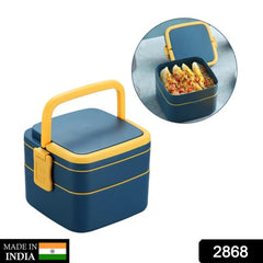 Blue Double-Layer Portable Bento Lunch Box – Stackable with Handle & Spoon