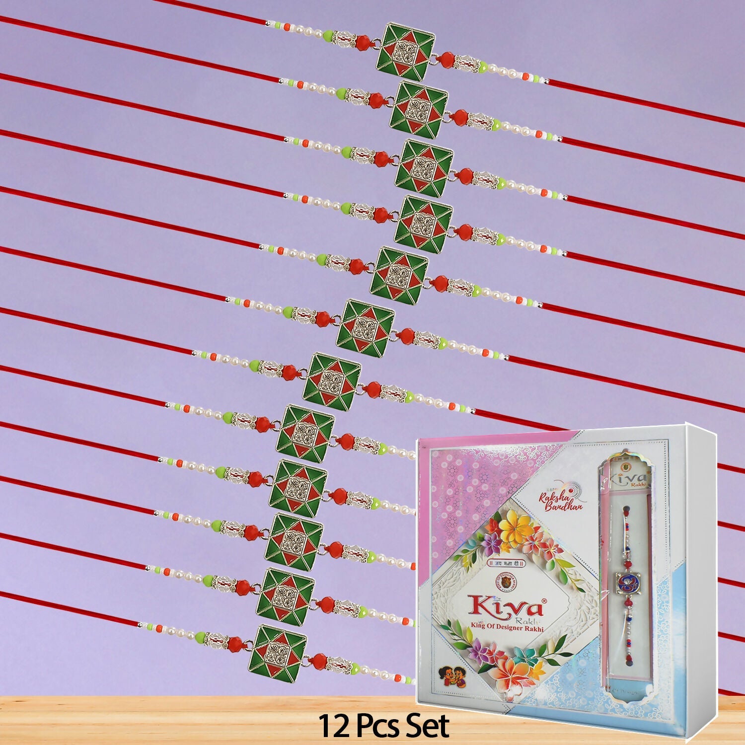 Combo Pack of 12 Green Square Designer Rakhis with Red Accents and Pearl Beaded Threads – Festive Gift Edition