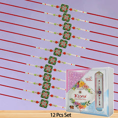 Combo Pack of 12 Green Square Designer Rakhis with Red Accents and Pearl Beaded Threads – Festive Gift Edition