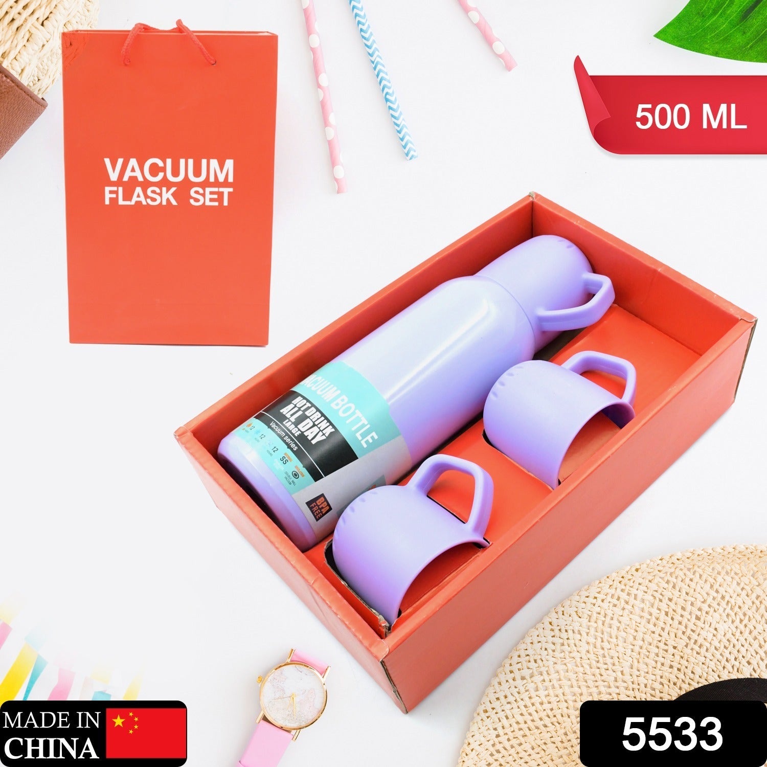 Vacuum Flask Set – Stainless Steel Thermos with 3 Cups, Approx 500ml