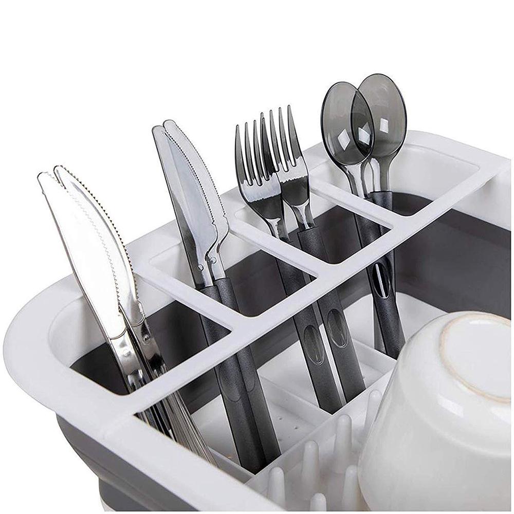 Collapsible Folding Silicone Dish Drying Drainer Rack with Spoon Fork Storage Holder
