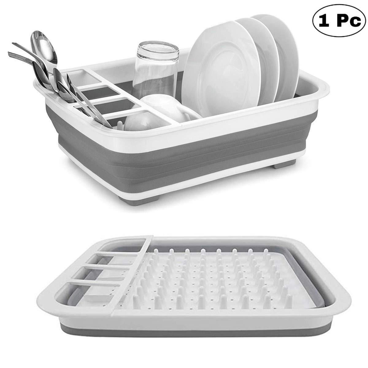 Collapsible Folding Silicone Dish Drying Drainer Rack with Spoon Fork Storage Holder