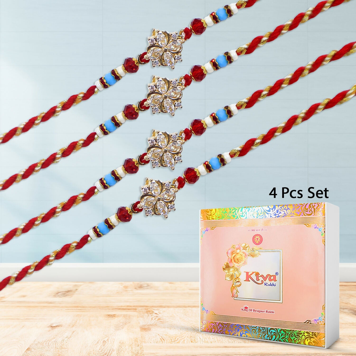 Graceful Floral Diamond Rakhi Set – Pack of 4 Rakhi  & Premium Gift Box