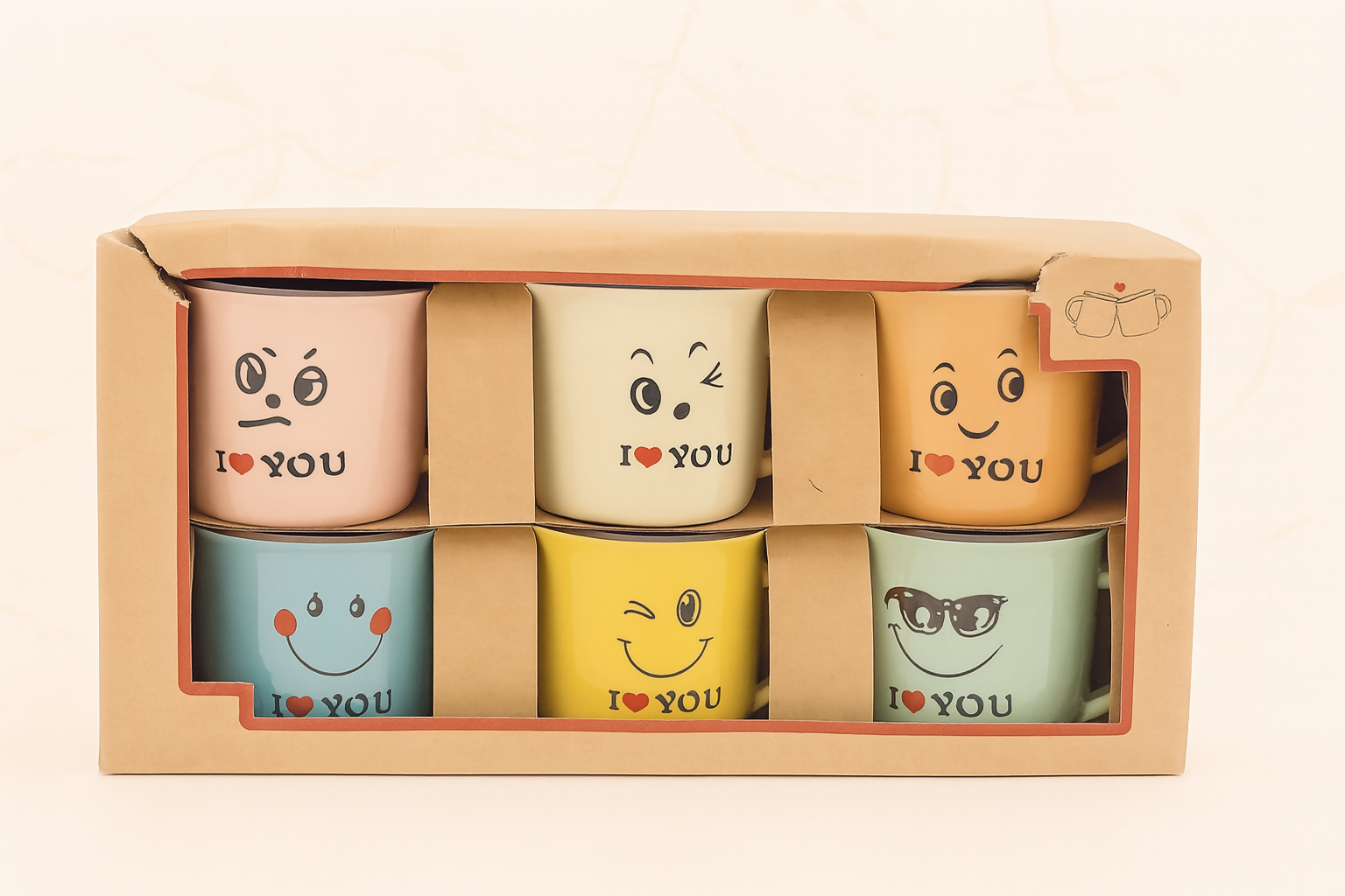 Set of 6 Colorful Emoji Ceramic Coffee Mugs with "I ?? YOU" Print – Cute Face Expressions – 180ml Tea Cups – Gift Box Packed – Ideal for Gifting, Home & Office Use