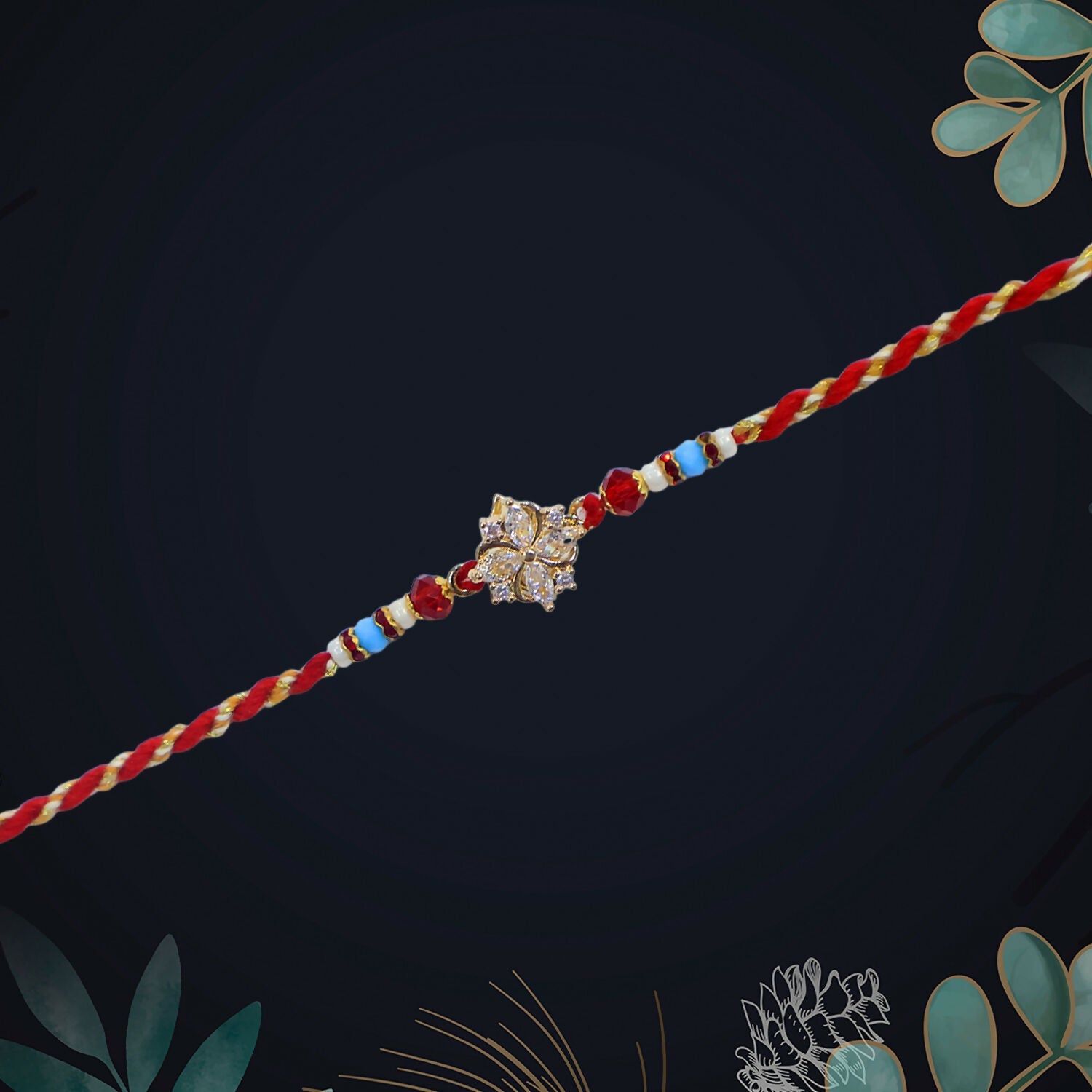 Graceful Floral Diamond Rakhi Set – Pack of 4 Rakhi  & Premium Gift Box