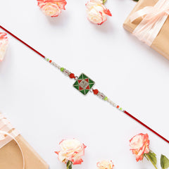 Combo Pack of 12 Green Square Designer Rakhis with Red Accents and Pearl Beaded Threads – Festive Gift Edition
