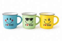 Set of 6 Colorful Emoji Ceramic Coffee Mugs with "I ?? YOU" Print – Cute Face Expressions – 180ml Tea Cups – Gift Box Packed – Ideal for Gifting, Home & Office Use
