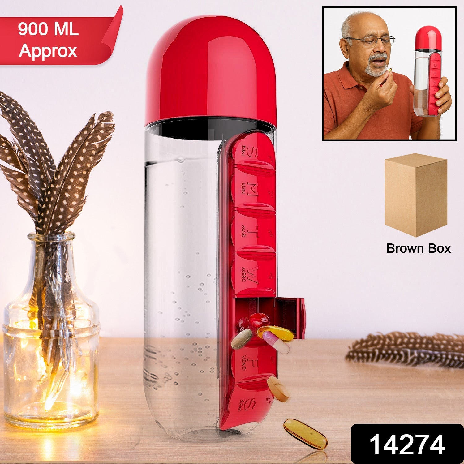 Water Bottle with Built-in 7-Day Pill Organizer Approx 900ml (1 Pc)