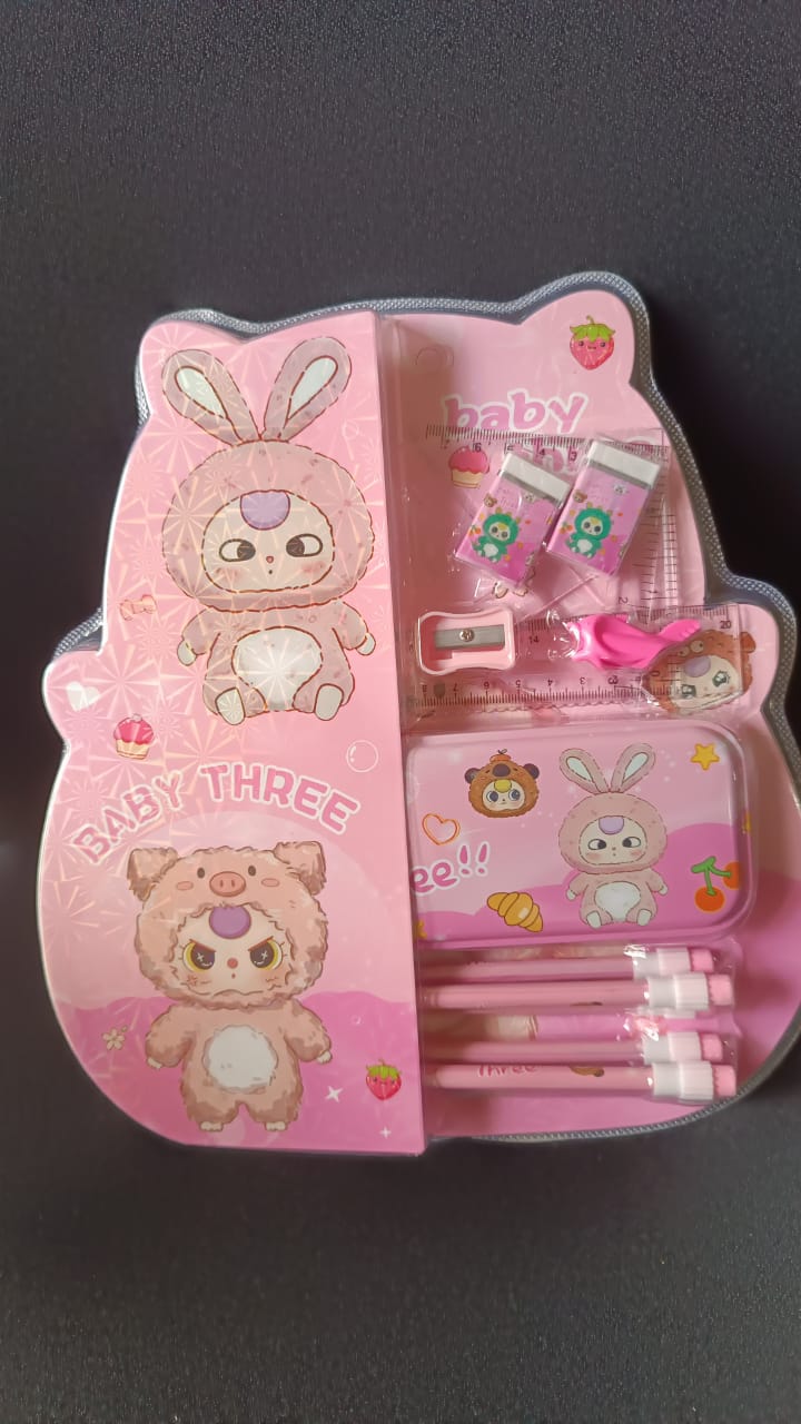 Deluxe 14-Piece Cartoon Fun Kids' Stationery & School Supply Set with Metal Pencil Box