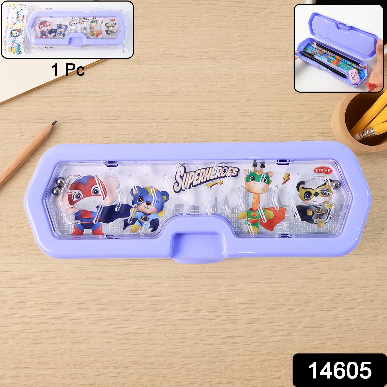 Superheroes Adventures Hard Case Pencil Box with Built-in Maze Game