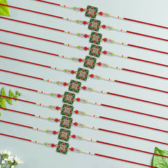 Combo Pack of 12 Green Square Designer Rakhis with Red Accents and Pearl Beaded Threads – Festive Gift Edition