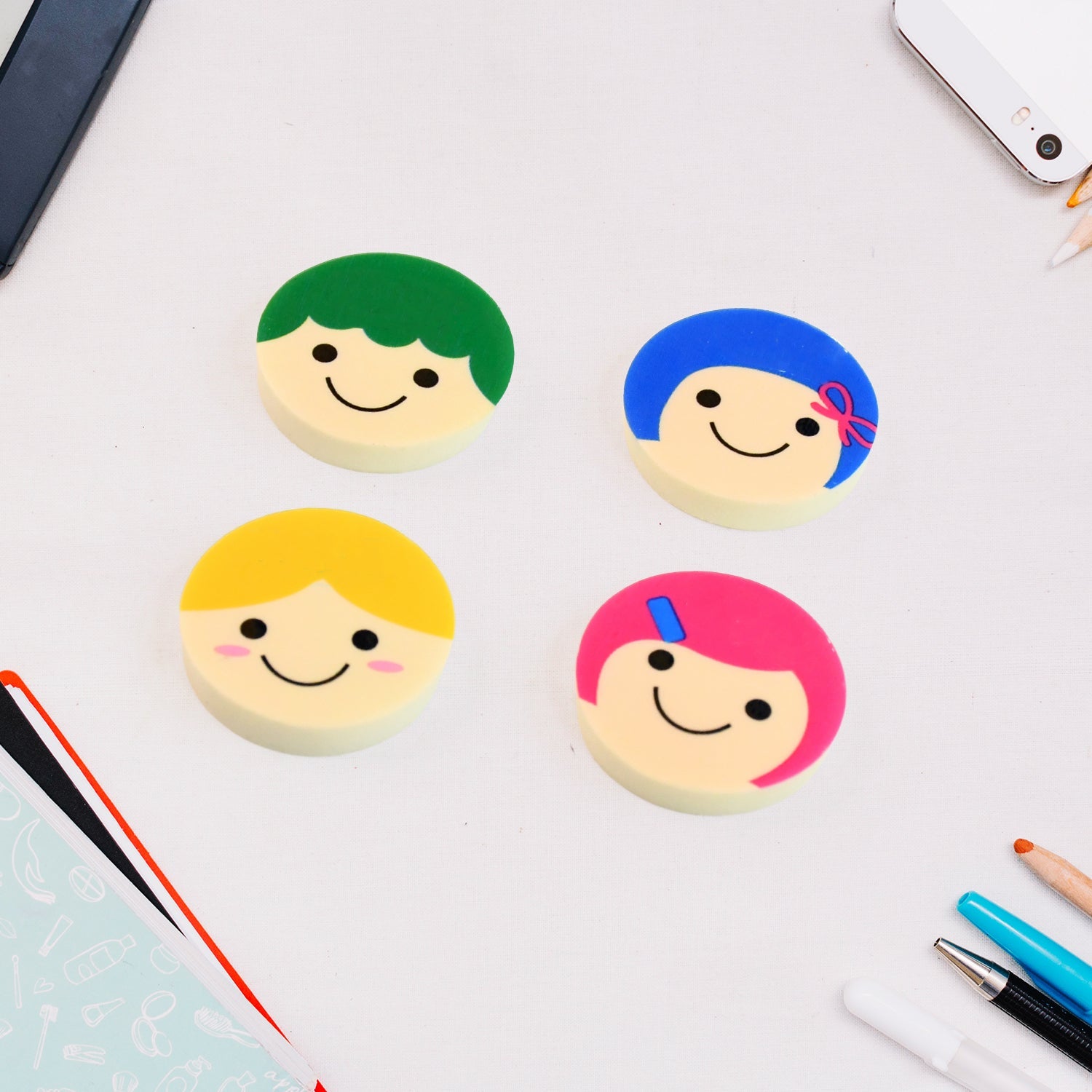 KikiKart Fun Smiley Face Cartoon Erasers for Kids (4-Pack)