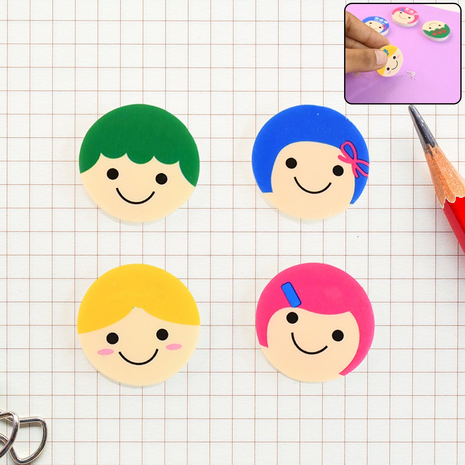 KikiKart Fun Smiley Face Cartoon Erasers for Kids (4-Pack)