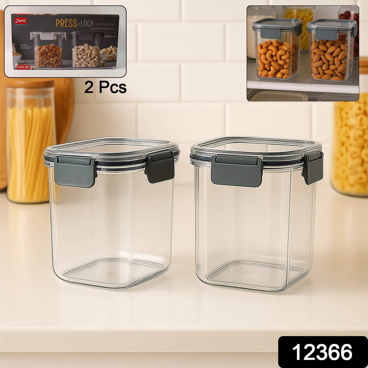 Apex Press N' Lock 900ml Airtight Food Storage Containers - Set of 2 for Freshness & Organization