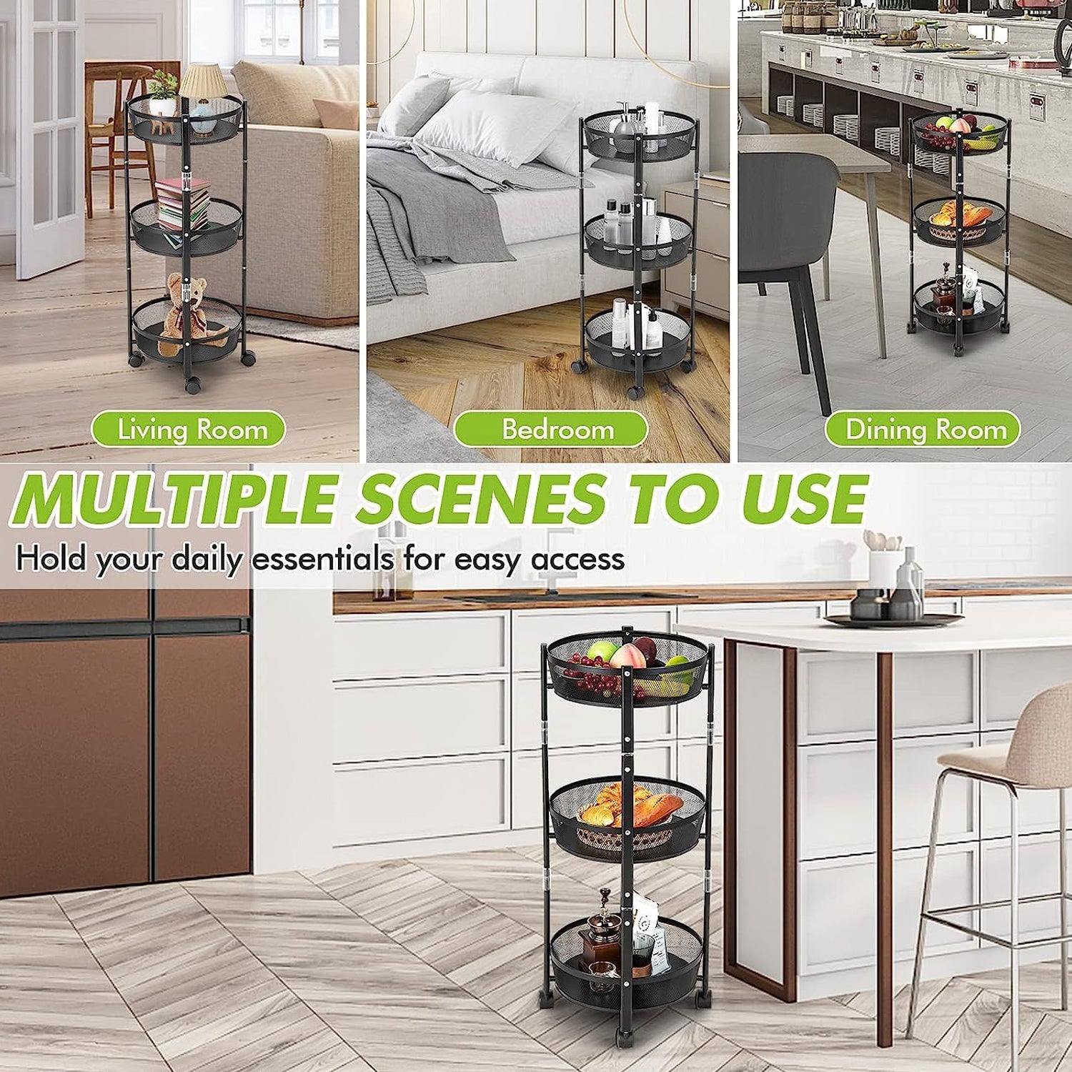 KikiKart 3-Tier Round Mobile Storage Cart with Mesh Baskets & Wheels